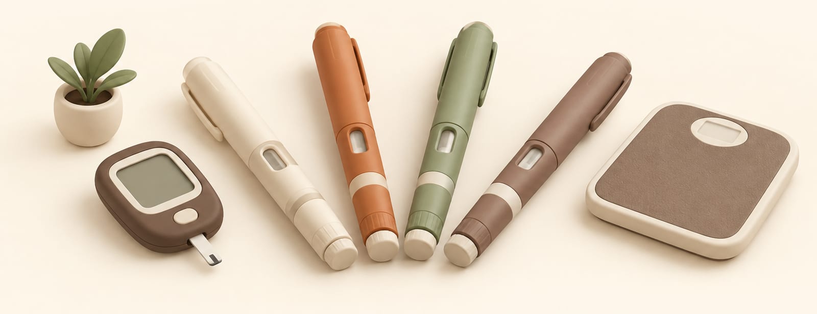 Four clay-style injection pens fanned out in cream, terracotta and sage tones beside a glucose meter and scale