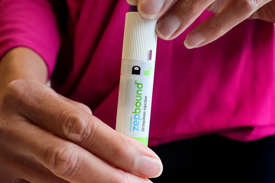 An injection pen of Zepbound, Eli Lilly’s weight loss drug, is displayed in New York