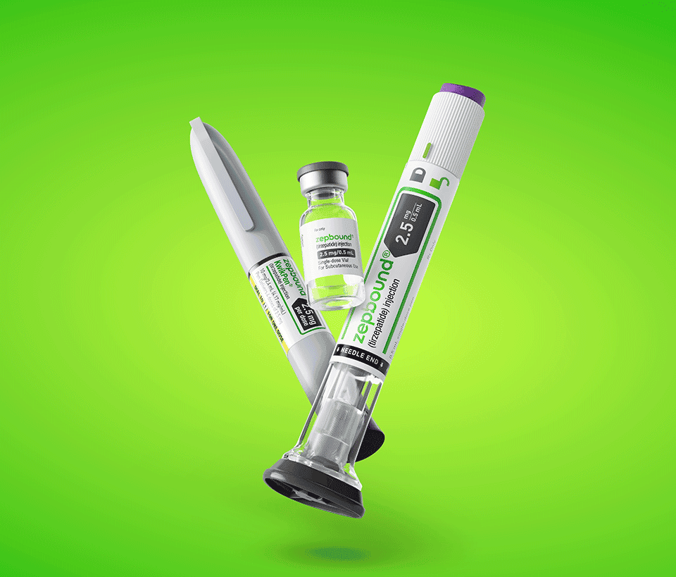 Zepbound (tirzepatide) injection pen and vial with green background