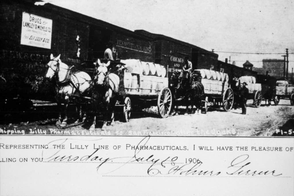 Historic photo of horse-drawn carriages to deliver Lilly medicines