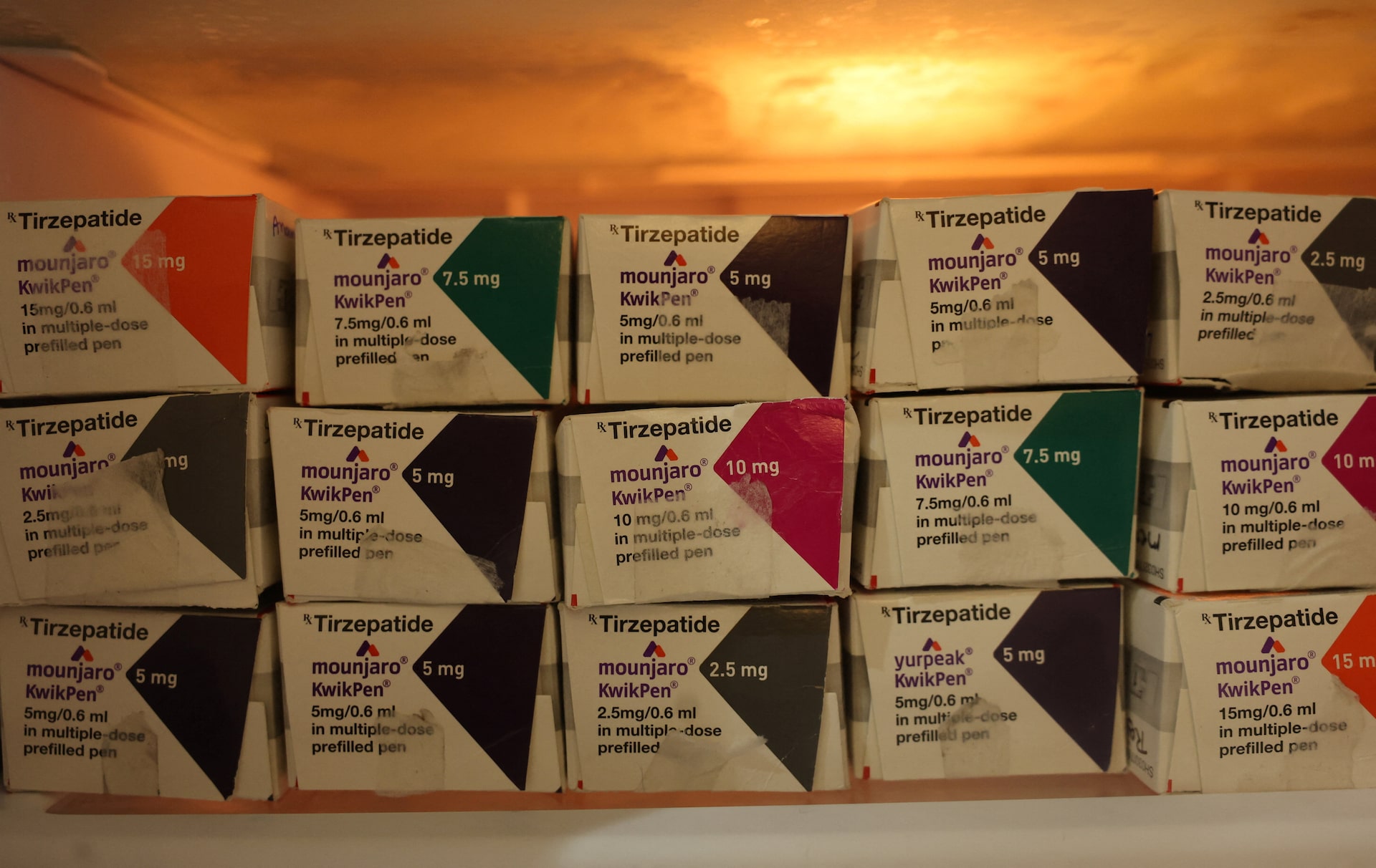 Different doses of the Mounjaro injection used for weight loss procedures inside a refrigerator at a clinic in Mumbai