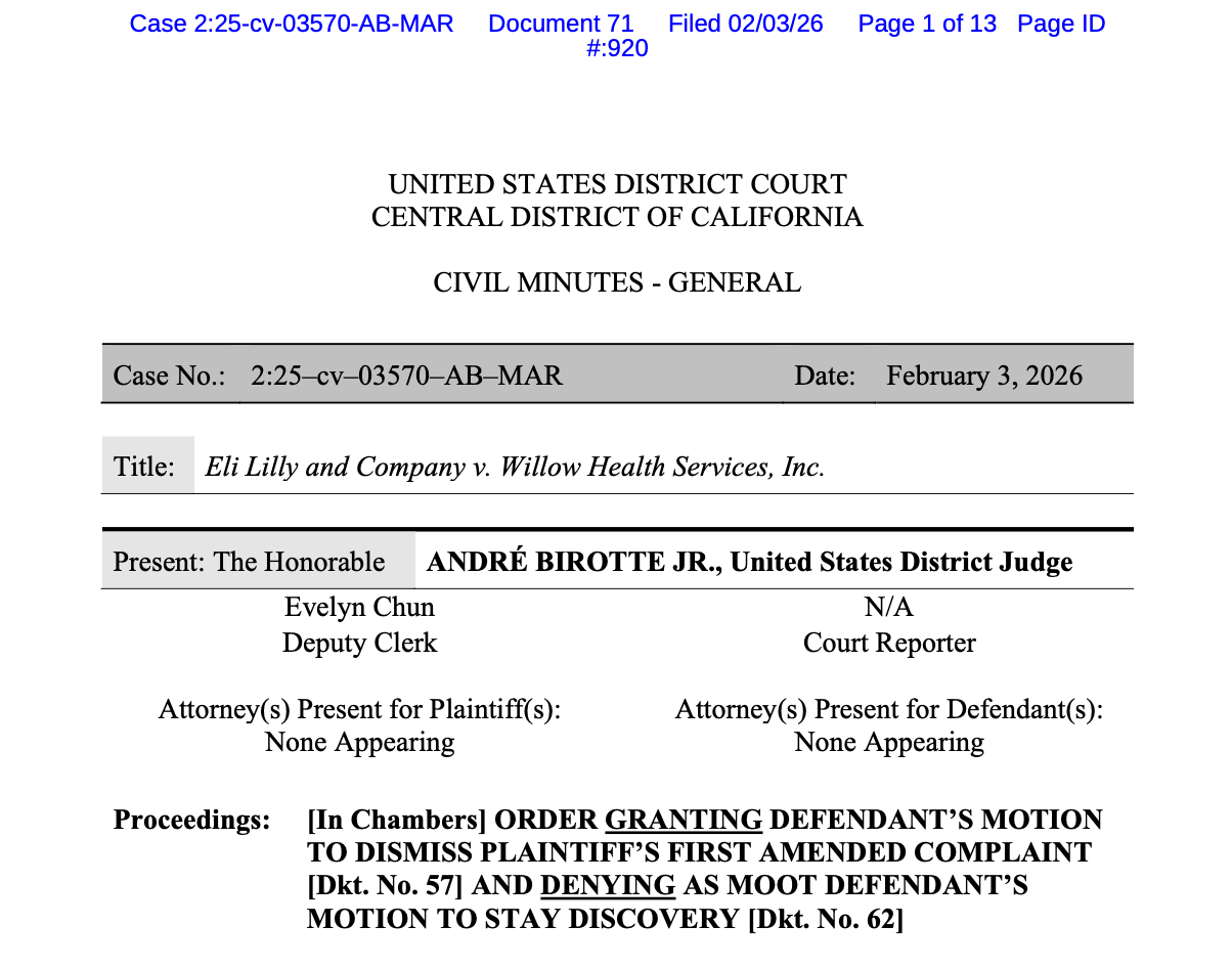 Judge dismisses Eli Lilly's case against Willow Health with prejudice