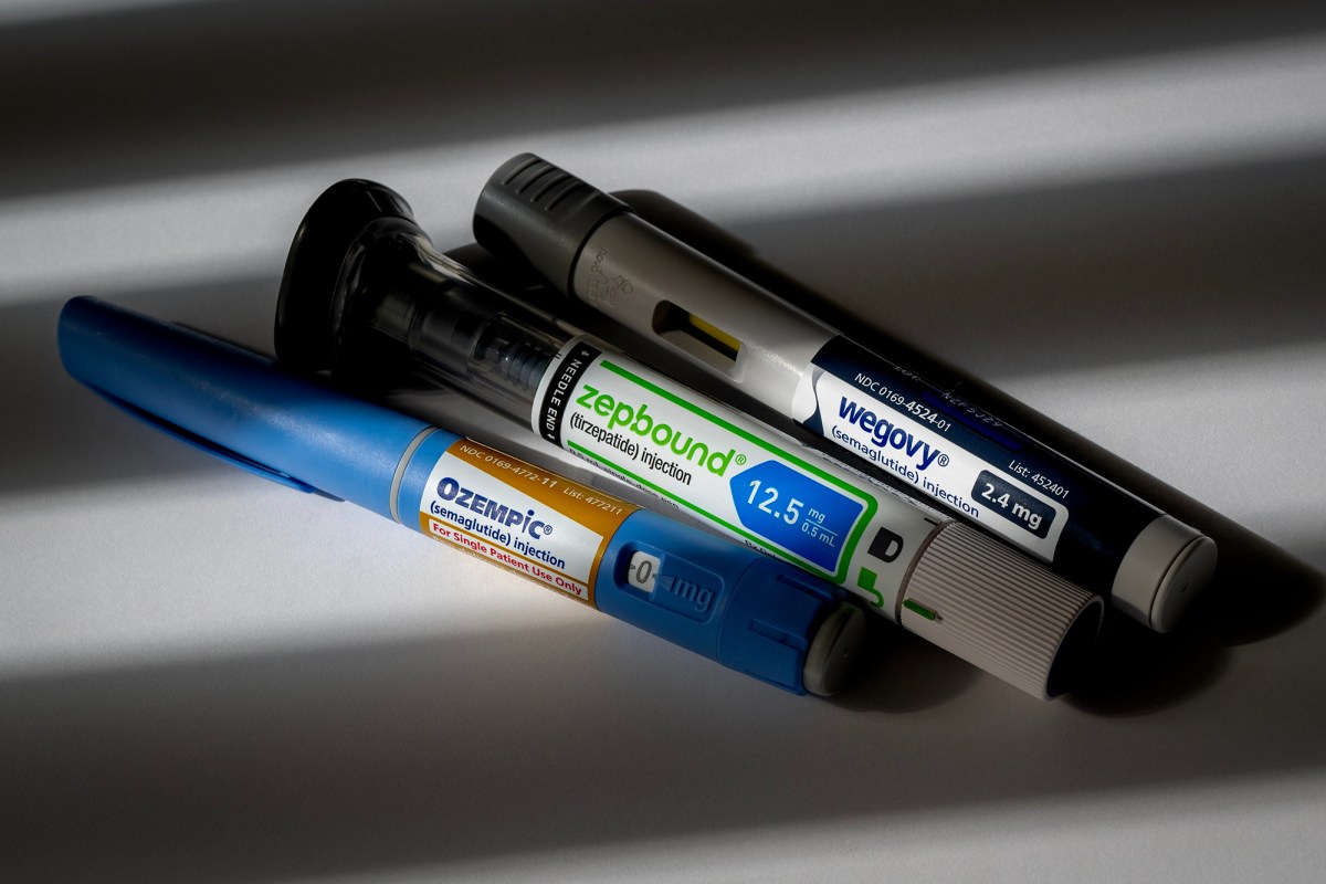 Ozempic, Zepbound and Wegovy injectable medication pens arranged together on a surface.