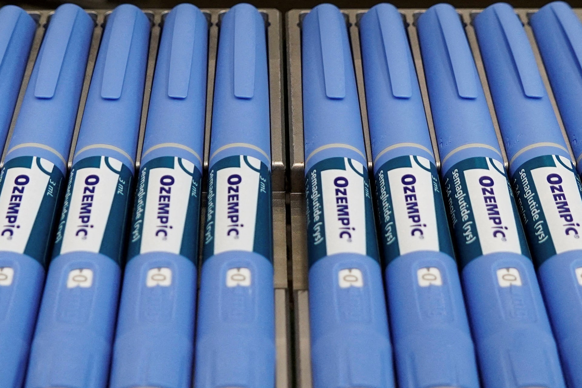Ozempic pens sit on a production line at Novo Nordisk's site in Hillerod