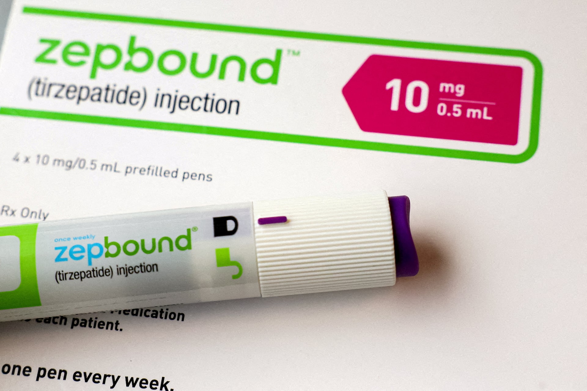 An injection pen of Zepbound, Eli Lilly’s weight loss drug, is displayed in New York
