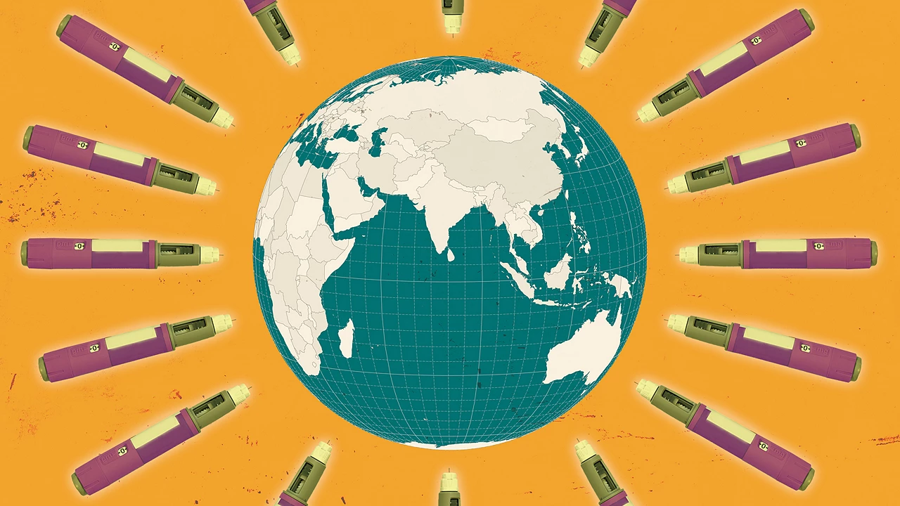 An illustration of the globe with injection pens surrounding it.