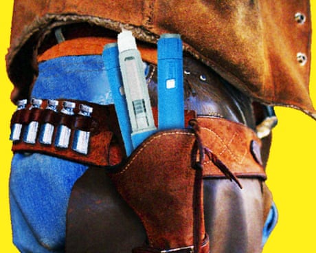 A cowboy holds a holster of injection pens and a belt of peptides
