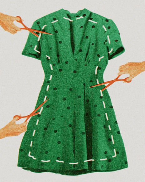 Green dress with dashed cut lines and scissors cutting around the silhouette