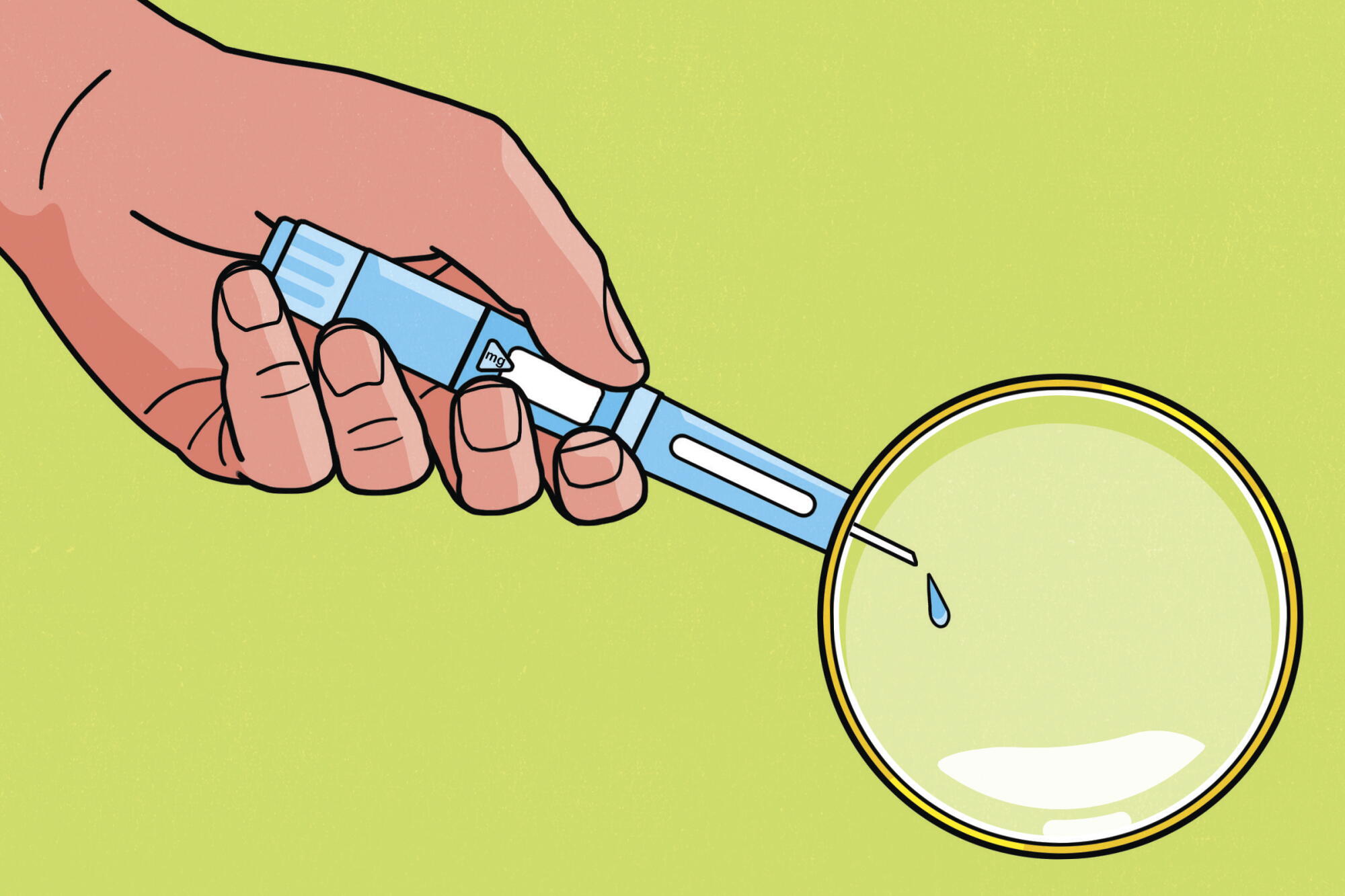 Illustration of a hand holding a GLP-1 injector formed into a magnifying glass, with a magnified needle and drop of medicine