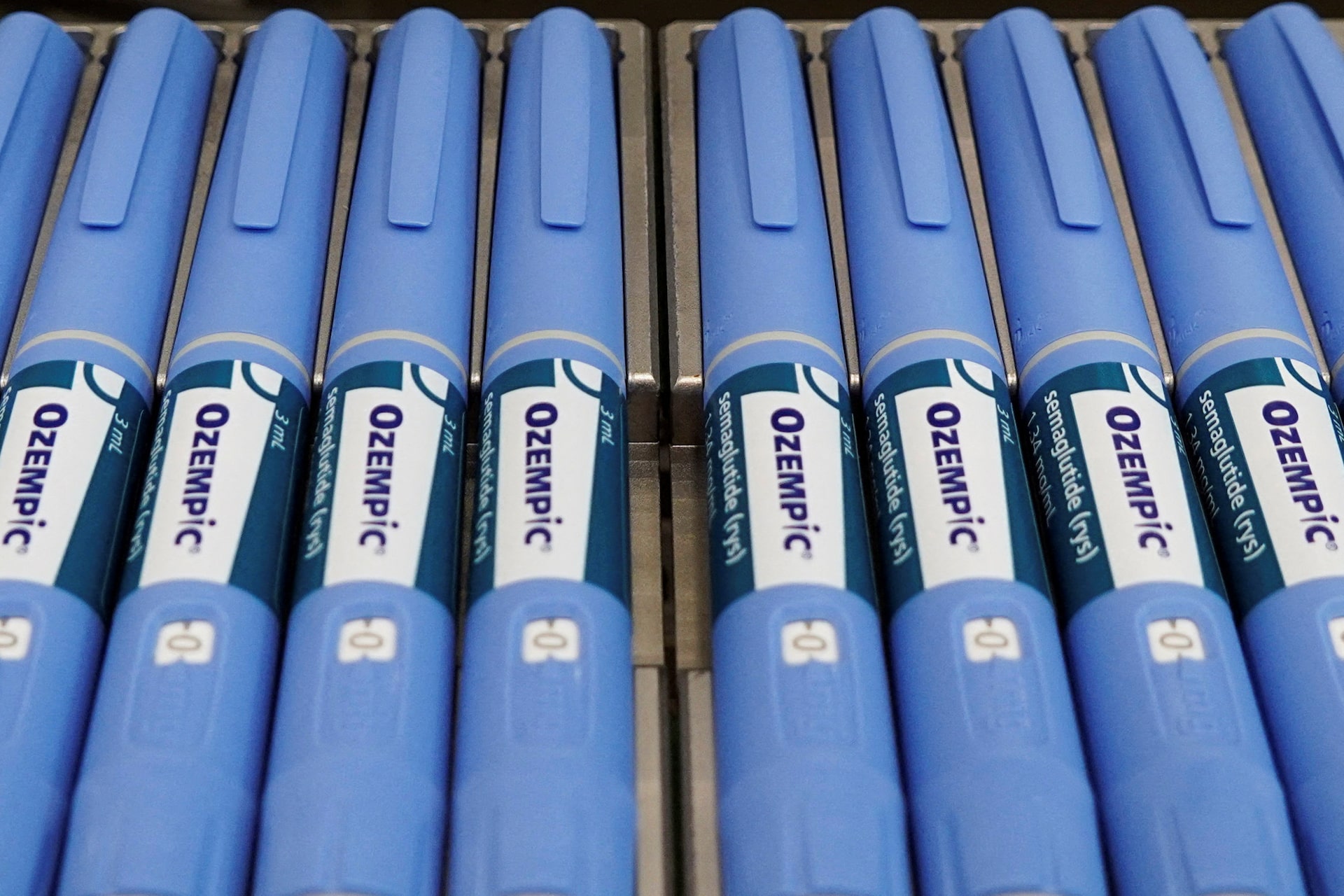 Ozempic pens sit on a production line at Novo Nordisk's site in Hillerod
