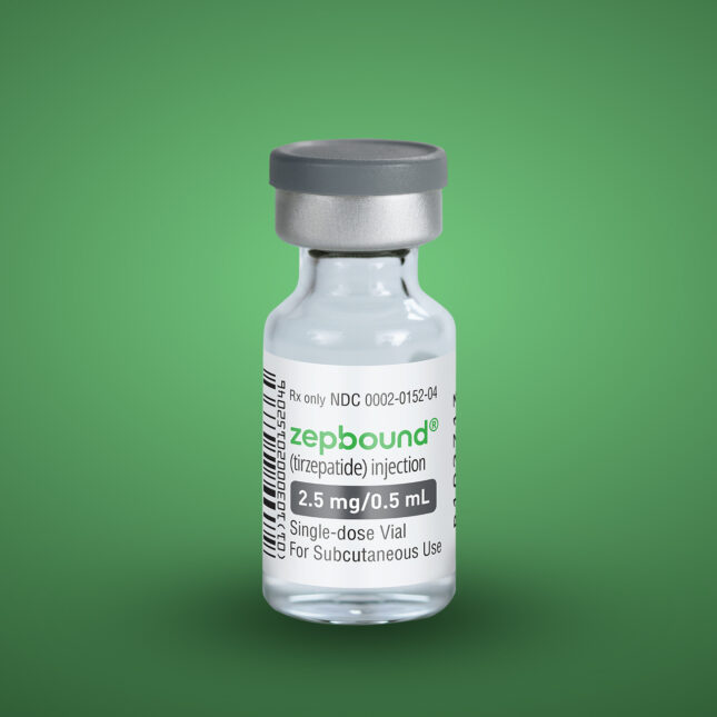 Zepbound Tirzepatide vial against a green background. -- coverage from STAT