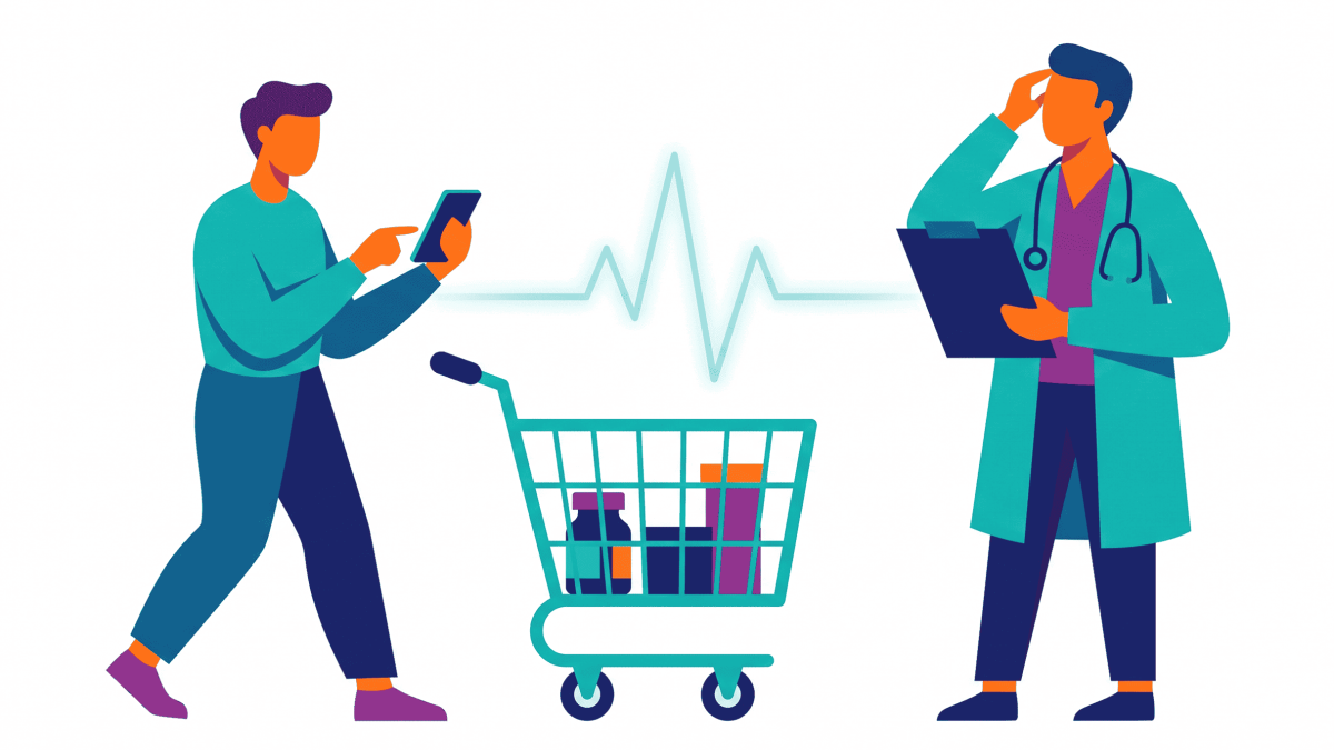 Patient shopping on phone for gray-market medicine; doctor has blank chart, glowing heart rate line.