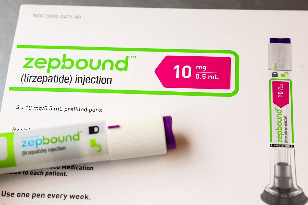 An injection pen of Zepbound, Eli Lilly’s weight loss drug, is displayed in New York