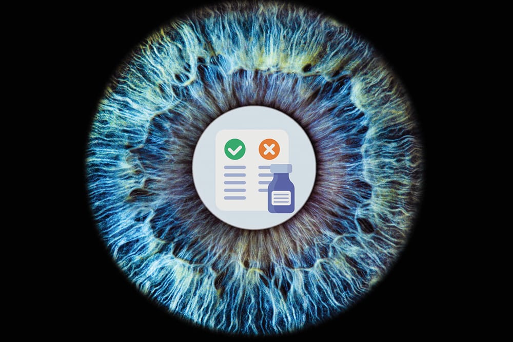 image shows an iris with a graphic of a prescription and medication bottle inside.
