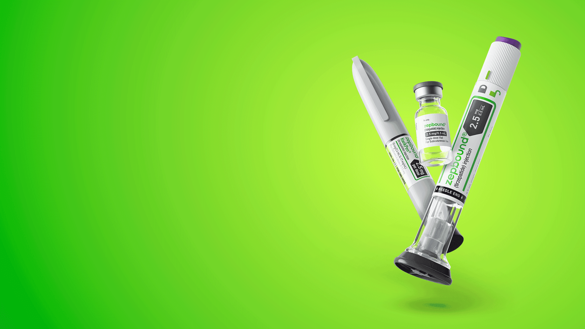 Zepbound (tirzepatide) injection pen and vial with green background