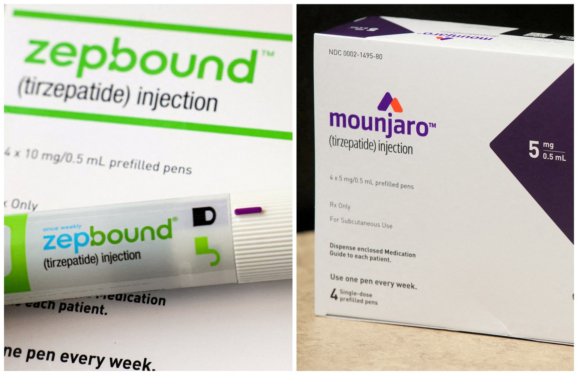 An injection pen of Zepbound, and a box of Mounjaro