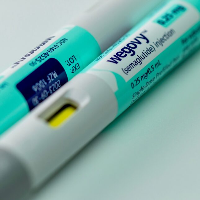 Two teal Wegovy pens. -- health coverage from STAT
